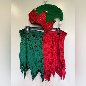 Sexy elf costume.   Short velvety jingle shorts and elf hat. Cosplay, Santa run